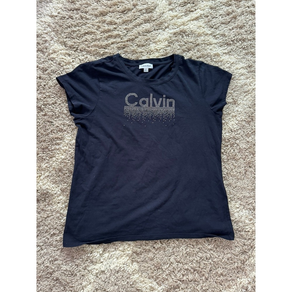 Calvin Klein Womens Black Rhinestone Logo Graphic T-Shirt Large Short Sleeve Tee